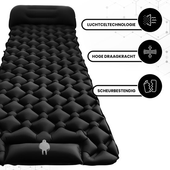 Outbee Schlafmatte selbstaufblasend - Luftmatratze mit integrierter Fußpumpe & Kissen - 1 Person - Selbstaufblasende Schlafmatte - Luftmatratze inkl. Gepäckträger - 195x60x5 cm - Schwarz