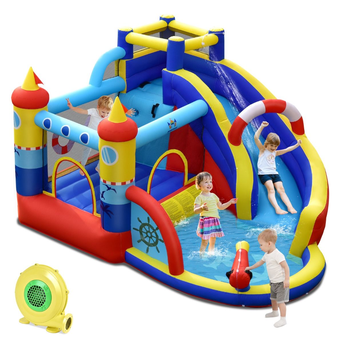 Coast Aufblasbare Spielburg „Piratenschiff“ – 5-in-1-Wasserpark mit Rutsche und Kletterwand – inklusive Wasserpistole und Ventilator – 360 x 290 x 200 cm