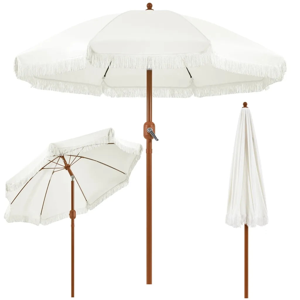 Yaheetech Sonnenschirm - Mit Fransen - Kippbar - Mit Kurbel - Ø215 cm - Cremeweiß - Retro Design
