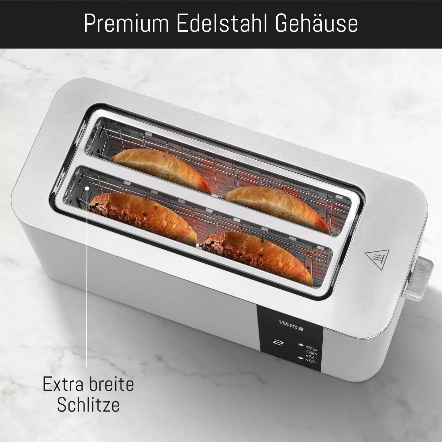 LEBENLANG Toaster - Touchscreen LED-Display - 4 Scheiben mit Brötchenaufsatz - 7 Bräunungsstufen - 1400 W - Silber