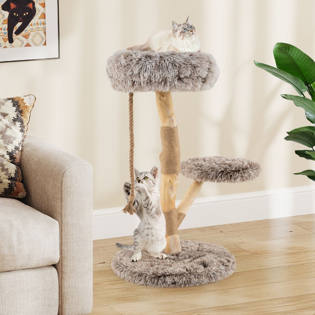 Coast Kratzbaum für Katzen – 3 Ebenen – Birnenholz und Jute – hellgrau und beige – 90 cm