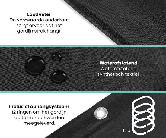 Loti Living Duschvorhang Anti-Schimmel - Schwarz - Ringe inklusive - Wasserdicht - Polyester - Duschvorhang 180x200 cm