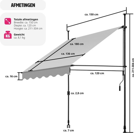 tectake Sunshade Adjustable - Sonnendach - 150 x 180 cm - Hellgrau
