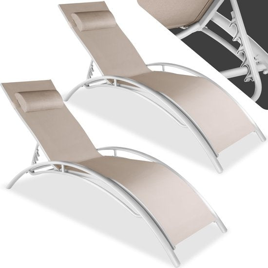 Tectake - 2er-Set Gartenliegen - Aluminium-Liegen - inkl. Kopfkissen - 5-fach verstellbare Rückenlehne - beige