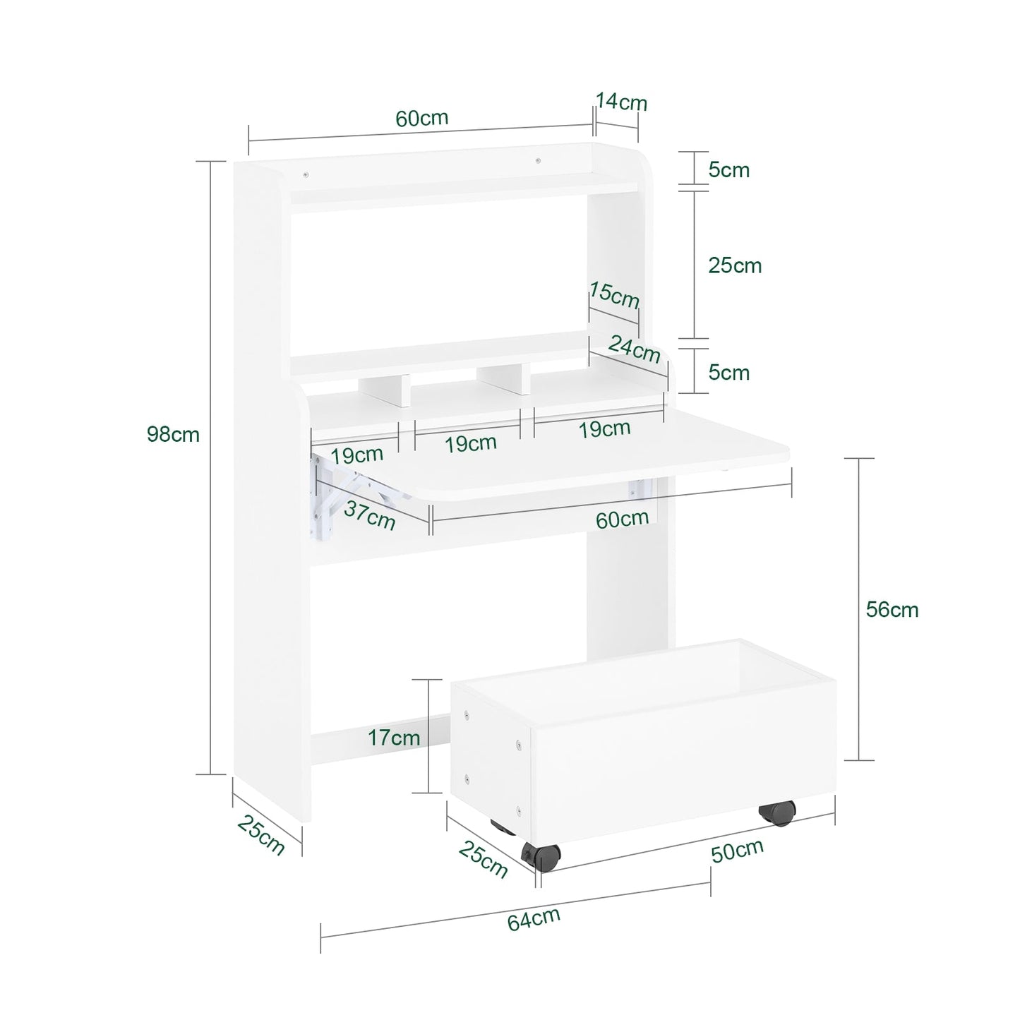 SoBuy Klappschreibtisch FWT105-W - 64 x 62 x 98 cm - Weiß