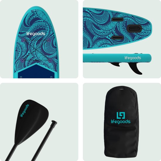 LifeGoods SUP Board All-round Compact - mit Sitz - 100 KG Tragfähigkeit - 300 x 76 cm - Aufblasbar - Komplettes SUP Paket - Blau