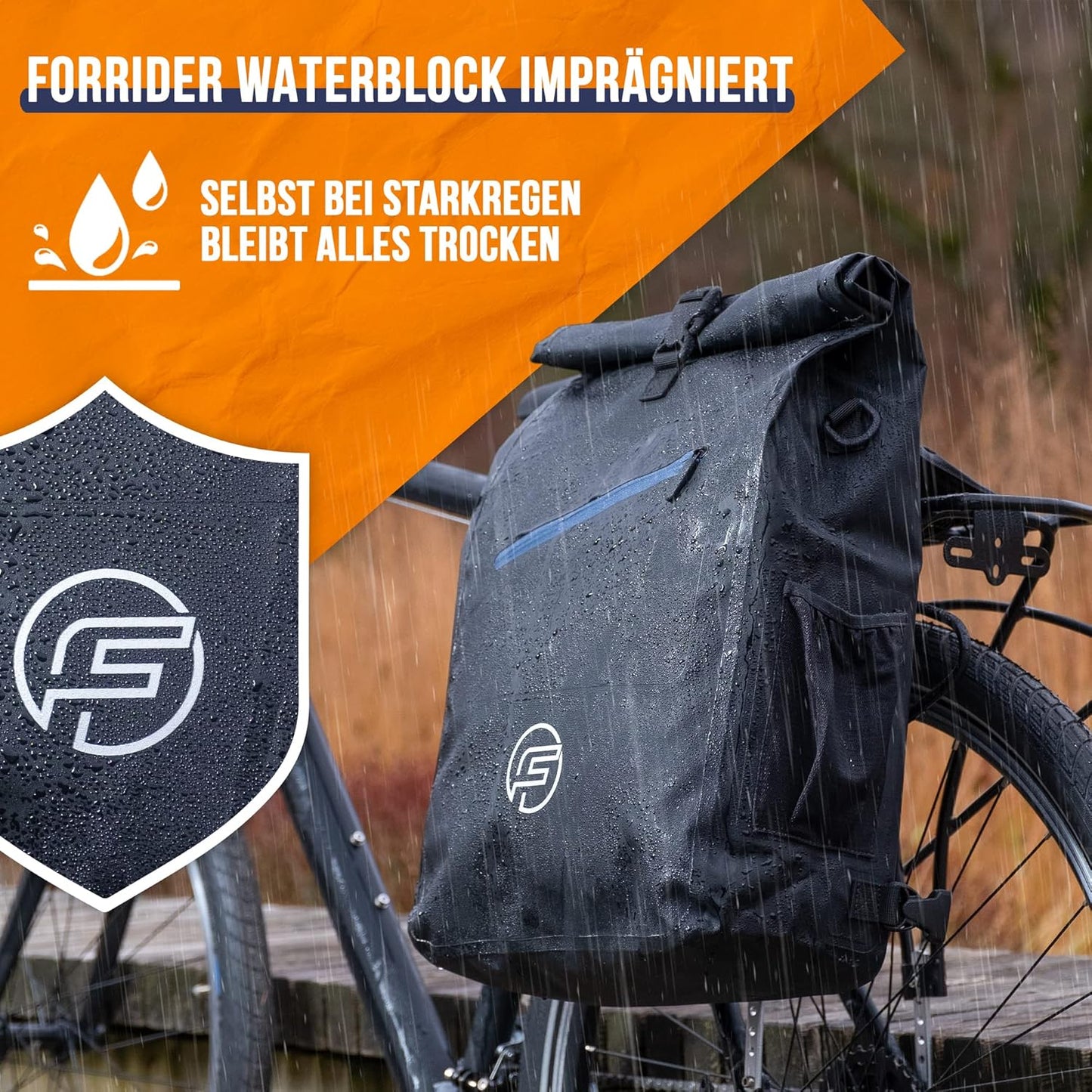 Forrider 3-in-1 Packtasche für Gepäckträger - Rucksack & Umhängetasche, wasserdicht, 27L, Schwarz, 32 x 18 x 57 cm