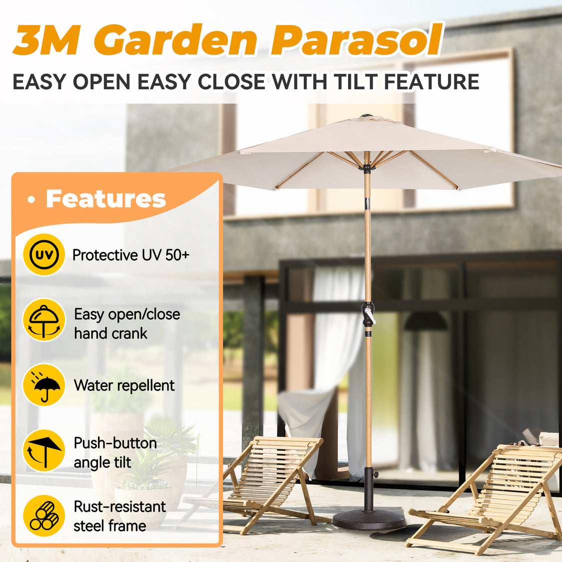 Angel Living Sonnenschirm Ø 300 cm – Runder, neigbarer Gartenschirm mit Kurbel – Aluminium und Polyester – UV50+ – Wasserabweisend – Cremegelb