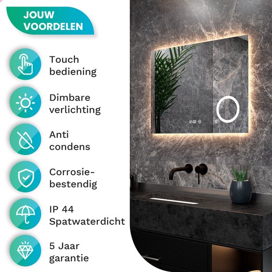 Mirlux Badezimmerspiegel - LED-Beleuchtung & Heizung - Rechteckig - Anti-Kondensation - 80x60CM