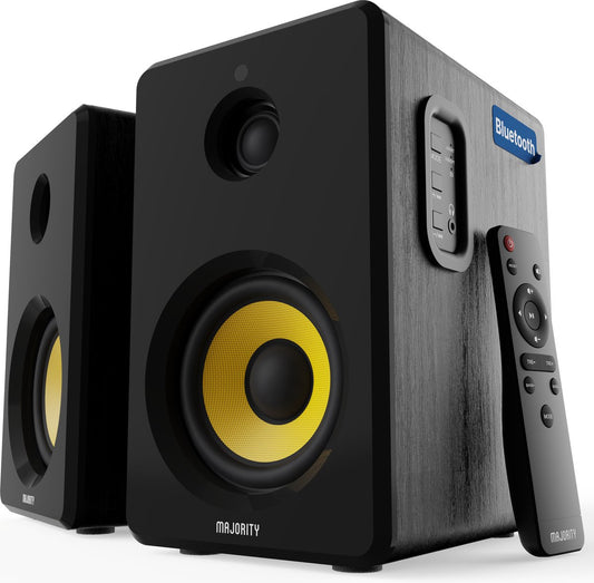 Majority - D40X - Aktive Regallautsprecher - Anschluss über Bluetooth - USB - AUX - RCA und optisch - Integrierter Verstärker - 4-Zoll-Tieftöner - Fernbedienung und integriertes Bedienfeld - Kevlar-Basswiedergabe - Plug and Play