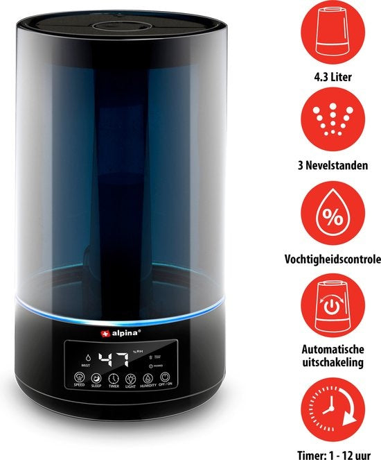 alpina Luftbefeuchter 4.3L - Luftbefeuchter - Aroma Diffuser mit Timer - Fernbedienung - Schwarz