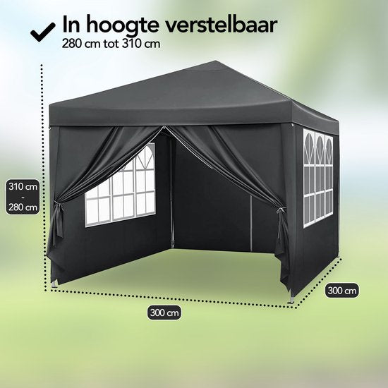 Brixy Partyzelt - faltbar - leicht aufbaubar - 3x3m - wasserdicht - Pavillon mit Seitenwänden - inkl. Tragetasche - Schwarz
