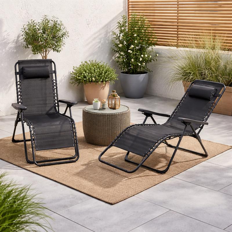 Luxuriöses Gartenstuhl-Set (2er-Set) – zusammenklappbar mit Kissen – Stahl – Schwarz