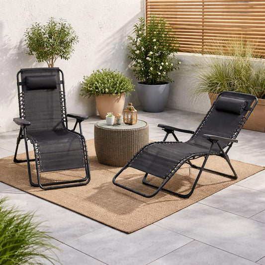 Luxuriöses Gartenstuhl-Set (2er-Set) – zusammenklappbar mit Kissen – Stahl – Schwarz