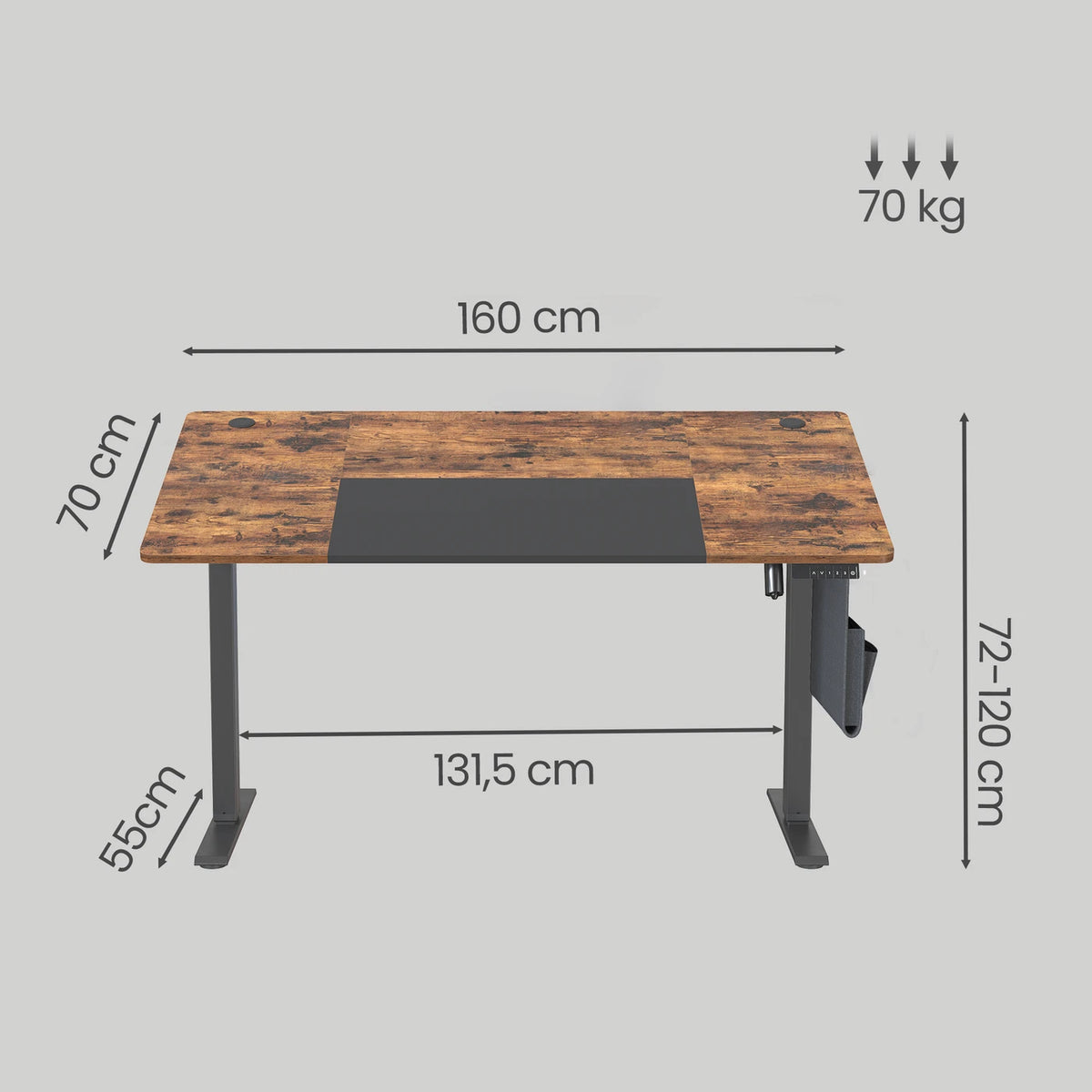 Joyfurnos höhenverstellbarer Schreibtisch mit Speicherfunktion – USB-C-Anschluss – 160 x 70 cm – Braun-Schwarz