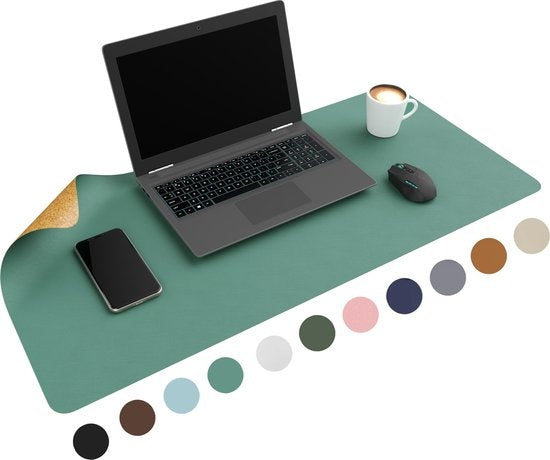 WURK Dubbelzijdige Bureau Onderlegger Kunstleer en Kurk - Bureau Organizer - Muismat - Turqoise Kurk - 90x45