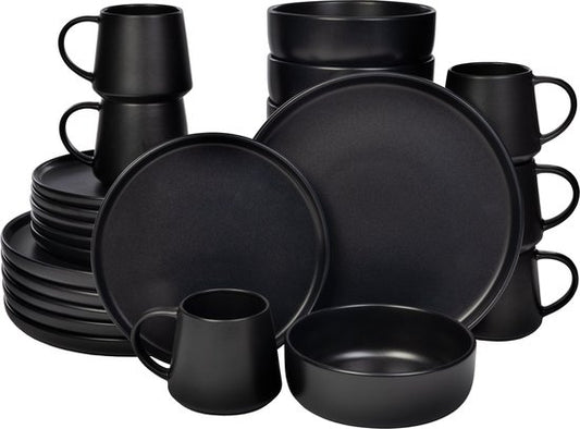 Deleca Geschirrset 6 Personen Kyoto - Kaffeetassen mit Ohr / Schalen / Große Teller und kleine Teller Set - Japanischer Stil - Massives Steingut - Mattschwarz / 24 Stück