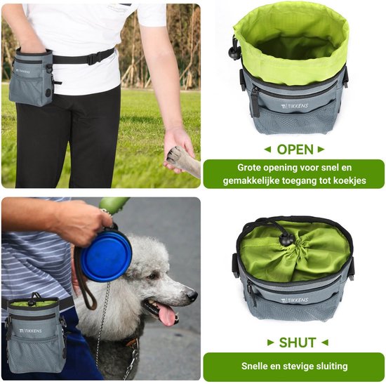 Tikkens Belohnungstasche für Hunde – Mit Clicker und zusammenklappbarem Fressnapf – Wasserdicht und waschbar – 25 x 15 x 3 cm – Grau