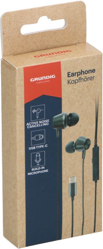 Grundig Earbuds mit Kabel USB C - In-Ear Earbuds mit Kabel 120cm - Ohrhörer mit Mikrofon - Geeignet für iPhone, Samsung und Tablet - Aktive Geräuschunterdrückung - Schwarz