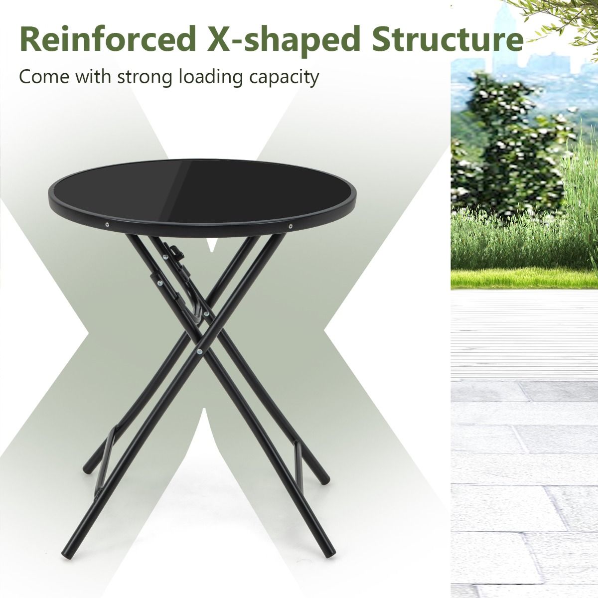 Coast Runder Bistrotisch - Faltbar - 59x67 cm - Terrassen- Mit gehärtetem Glas und Metallgestell - Schwarz