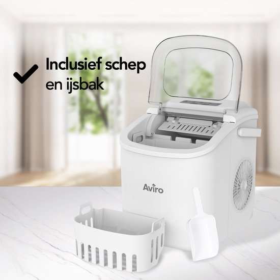 Aviro Eiswürfelmaschine – 1,3 l – Mit Eisschaufel – Selbstreinigungsfunktion – 12 kg / 24 Std. – 9 Würfel / 6 Min. – Weiß
