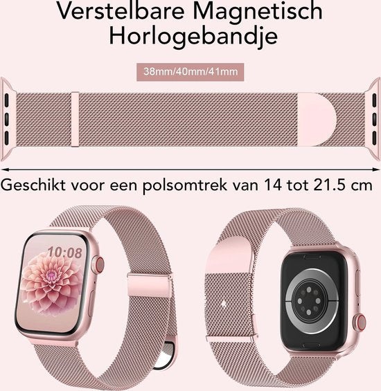 Podec Smartwatch Magnetisches Edelstahlarmband Rose Pink - Passend für Apple Watch - Band Passend für iWatch 38 / 40 / 41 mm - Passend für Serie 1/2/3/4/5/6/7/SE
