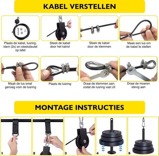 Zoluko Home Fitness Cable System 23-teiliges Set - Inkl. E-Book - Kraftstation für den Heimsport - Inkl. Trizepsseil, Bizepsstange und Griffe - 100kg Tragkraft - Einfache Befestigung - Krafttraining - Lat Pulley - Home Gym - Schwarz/Silber