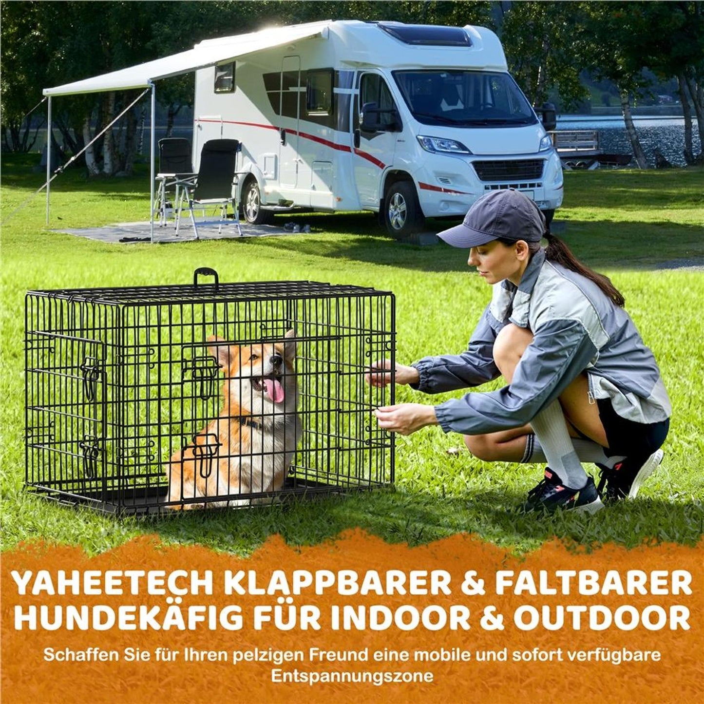 Yaheetech Faltbare Hundebox 90 x 56 x 63 cm – Schwarz – Mit Trennwand, Bodenfach und 2 Türen