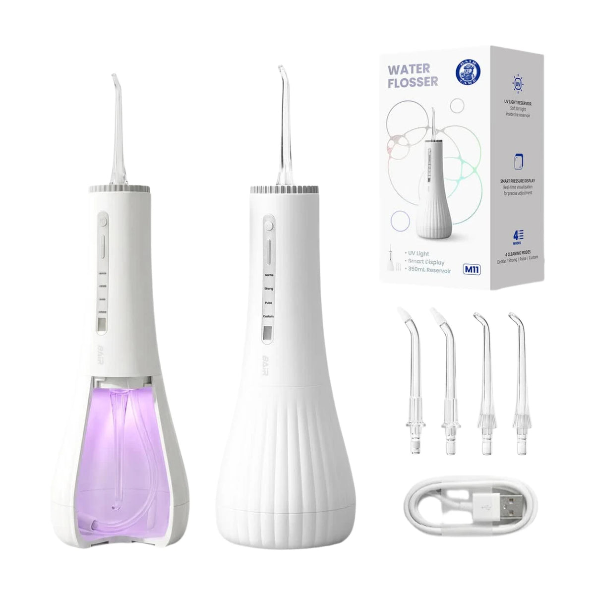 Bair Care Wasserzahnbürste M11 – Weiß – UV-Sterilisation – 360 ml Tank – 4 Einstellungen – 3 Aufsätze – IPX8 – USB-C