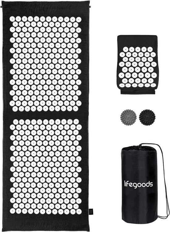 LifeGoods Akupressurmatte XL - mit Kissen - Shakti-Matte - Nagelmatte inkl. 2x Triggerpunktball - 128x48x2cm - Schwarz/Weiß