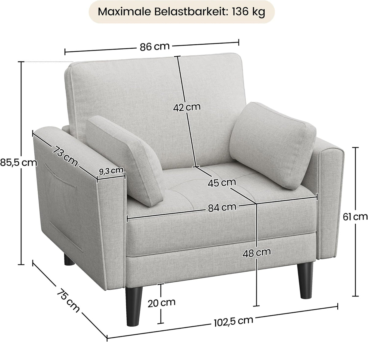 Yaheetech Loveseat-Sofa aus Leinen – Graubeige – 102,5 x 75 x 85,5 cm – Mit 2 Kissen und Seitentaschen