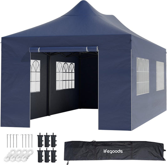 LifeGoods Partyzelt - 3x6 m - Seitenwände - Easy Up - Dunkelblau