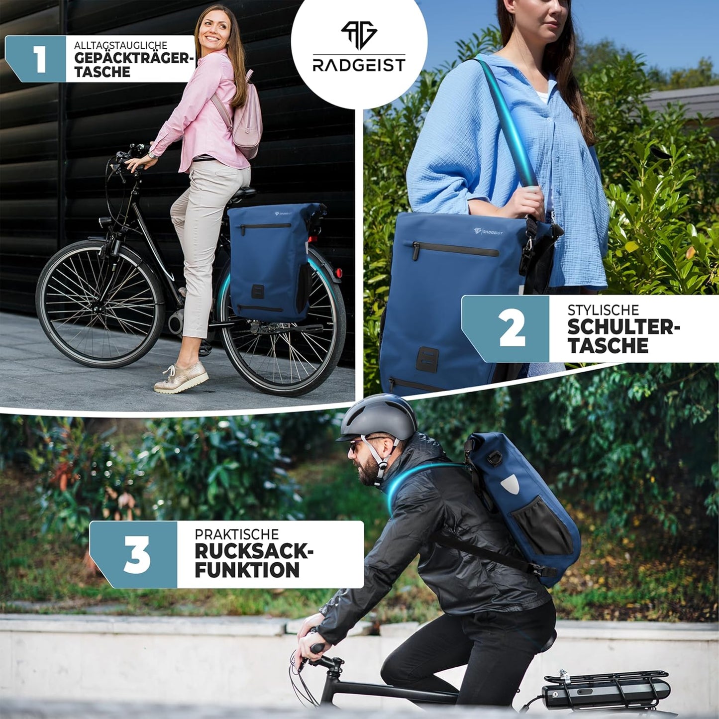 RADGEIST 3in1 Fahrradtasche für Gepäckträger I Fahrradtasche, Rucksack & Umhängetasche 18-22L I Tasche für Fahrrad 100% wasserdicht Blau