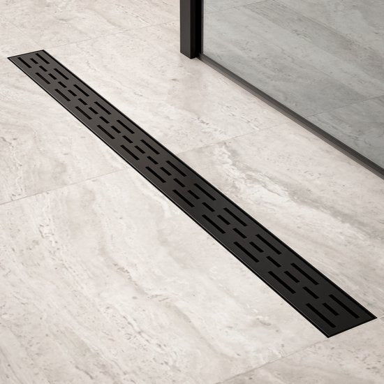 Duschrinne – 90 cm – Mattschwarz – Standardgitter – Edelstahl – Mit Flansch
