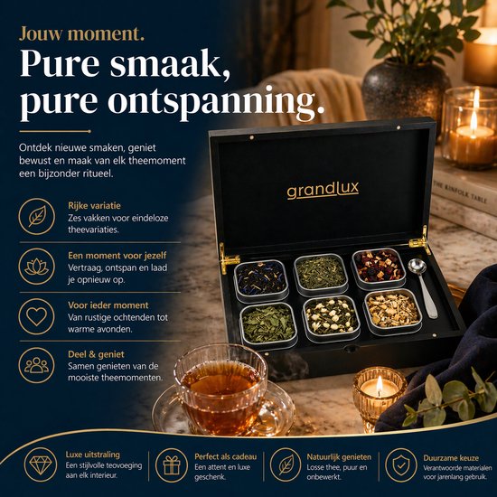 Grandlux Teebox mit 6 Fächern – Teebox für losen Tee – Edelstahl-Löffel – 100 % FSC-zertifiziertes Bambus – 6 Teedosen – Tee-Organizer – Teebox – Schwarz