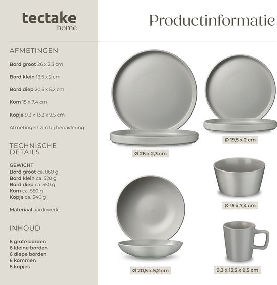 tectake® Geschirrset Una – 30-teilig – Steingut – für 6 Personen – stilvolles und langlebiges Geschirr – Set mit großen und kleinen Tellern, Schüsseln, Schälchen – Tassen – grau