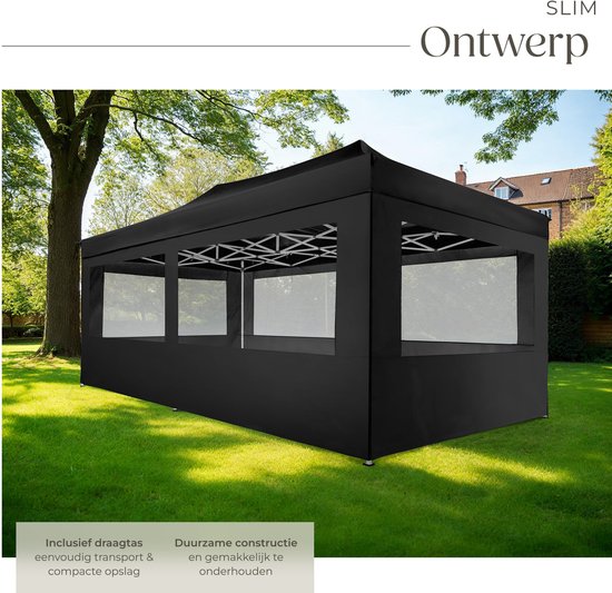 tectake® Faltpavillon – Zusammenklappbar und wasserdicht – Gartenpavillon mit 4 Seitenwänden – Inkl. Heringe, Abspannleinen und Tragetasche – Terrassenüberdachung, Partyzelt – 6 x 3 m – Schwarz