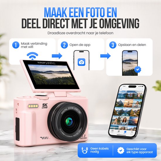 Strex Digitalkamera 5K 75 MP – Fotokamera – Kompaktkamera mit WLAN – Vlog-Kamera – Fotokamera für Kinder – 18-facher Zoom – schwenkbares Display – Rosa