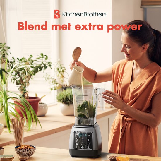 KitchenBrothers 2-in-1 Power Blender - 1600W - 2L - Komplettset mit Zerkleinerer und To-go Becher - Smoothie Maker - Ice Crusher - Metallic Grau