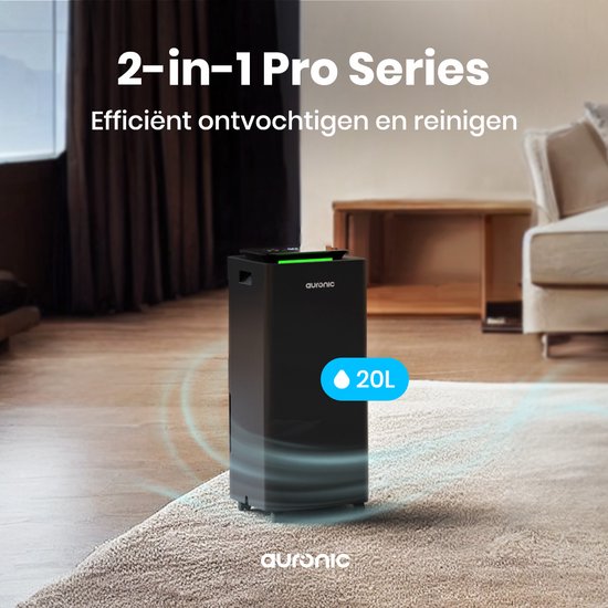 Auronic Luftentfeuchter und Luftreiniger - Pro Series - 20L pro Tag - Waschtrockenfunktion - Schlafzimmer, Badezimmer und Wohnzimmer - Feuchtigkeitsfresser für den Haushalt - Schwarz
