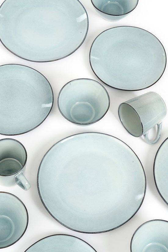 Mica Decorations Racco Geschirrset, 16-teilig – für 4 Personen – Frühstücksteller, Schalen und Tassen sowie Essteller – Steingut-Geschirr – spülmaschinenfestes Geschirrset – hellgrau
