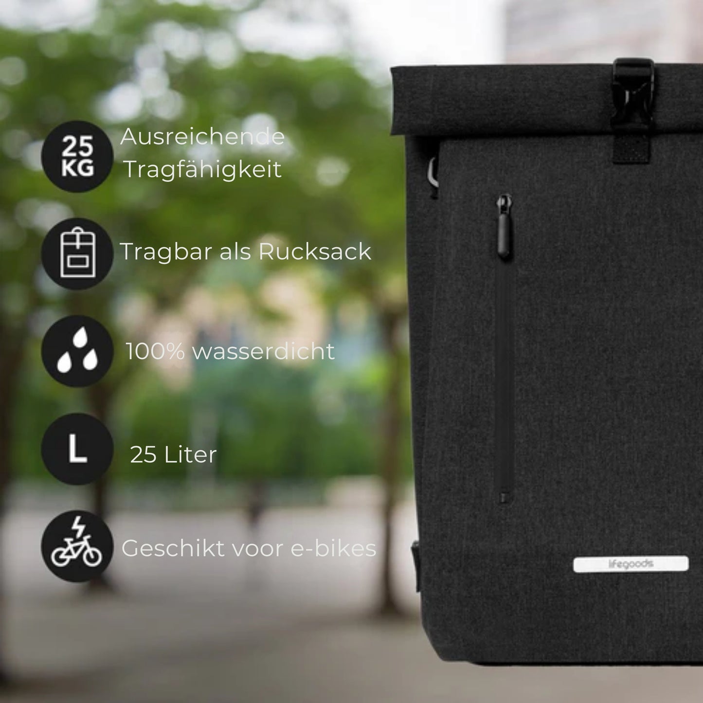 LifeGoods Single Bicycle Bag - Kompakt - Umhängetasche und Rucksack - 25L - Runder Gepäckträger - Wasserdicht - Schwarz
