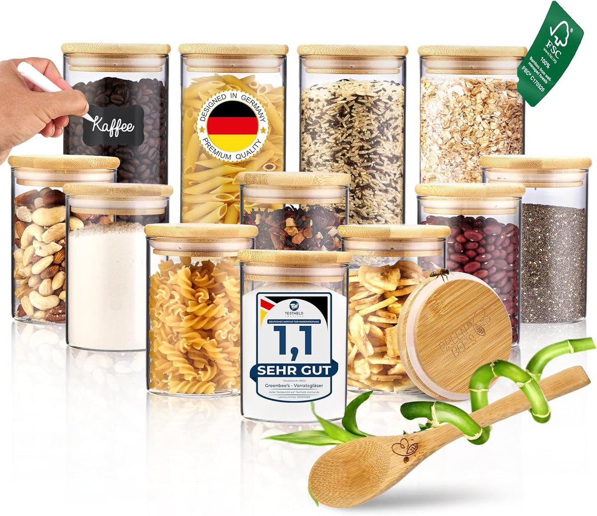 GREEN BEE`S 12er Set Vorratsglas klein - 4x600ml & 8x430ml - Passgenau für Schublade & Apothekerschrank - Nachhaltige Vorratsgläser mit Deckel luftdicht - Für Reis, Nüsse, Samen und Gewürze