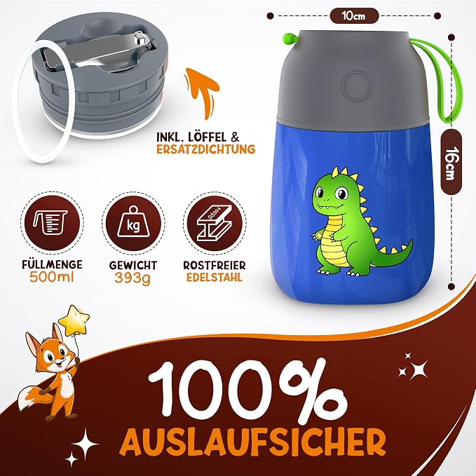 Funkelfuchs Thermos-Lunchbox Dino – 500 ml – Edelstahl – Auslaufsicher – Blau