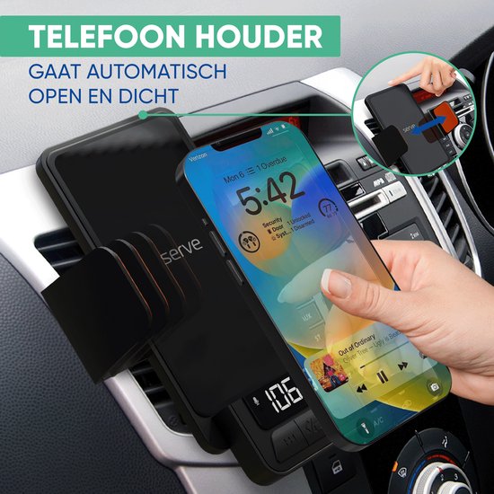 Serve 3in1 Bluetooth FM Transmitter, Telefonhalterung Auto & drahtloses Schnellladegerät 15W - Car Kit für Musik - Telefonhalterungen Autozubehör - berührungsloses Autoladegerät - Lüftungshalterung