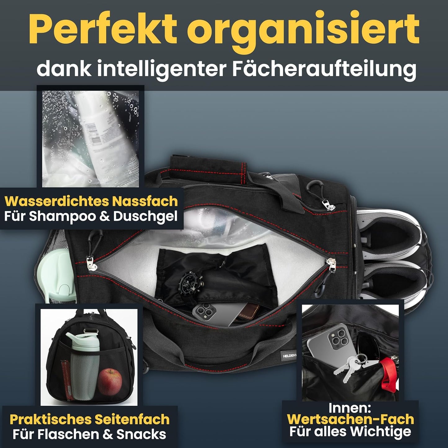 HELDENWERK Sporttasche 30L - Mit Schuhtasche & wasserdichter Nasstasche - Fitness- & Reisetasche - Unisex - Schwarz