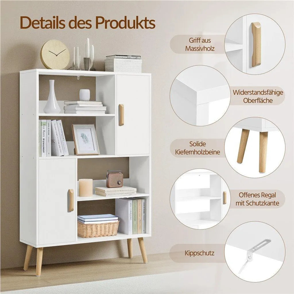 Yaheetech Bücherregal 80 x 23,5 x 120,5 cm – Weiß – Aufbewahrungsschrank mit 2 Türen und 4 offenen Fächern