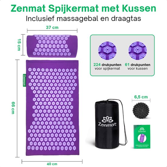 Zenmat Nagelmatte mit Kissen - Akupressurmatte inkl. Triggerpunkt-Massageball und Tragetasche - Shakti Massage - 66x40 cm - Lila
