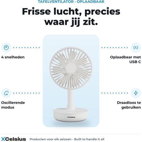 XCelsius® Kabelloser Tischventilator – Ventilator für Schreibtisch, Tisch und Arbeitsplatz – Über USB-C aufladbar – 4 Geschwindigkeitsstufen – Schwenkmodus – Neigbar – Während des Ladevorgangs nutzbar – Weiß