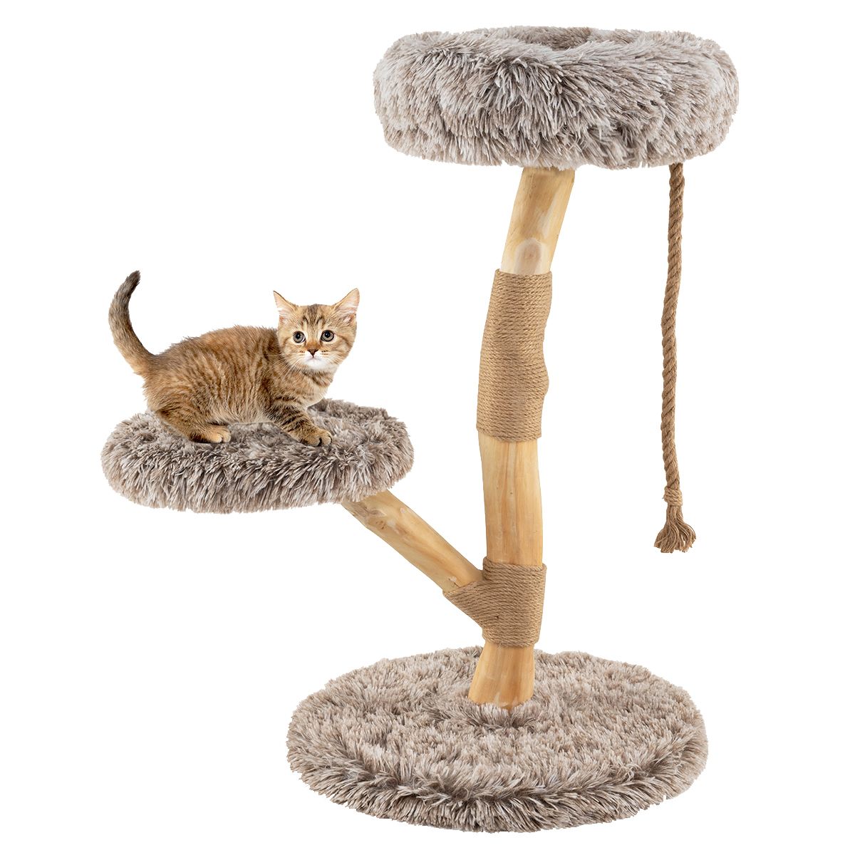 Coast Kratzbaum für Katzen – 3 Ebenen – Birnenholz und Jute – hellgrau und beige – 90 cm
